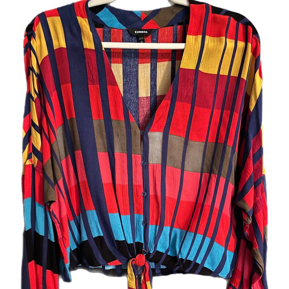 Express Tie Front Button Down Long Sleeve Color Block  SIZE M